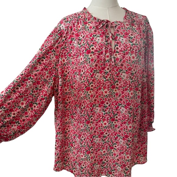 Cynthia Rowley Women's 3X Pink Floral Curvy PLUS Relaxed Flowy Tie-Neck Blouse - Picture 3 of 4